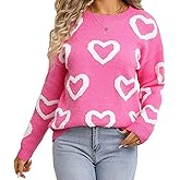 VFURYGD Women Cute Heart Sweater Love Print Valentine Romantic Knitted Top Crewneck Long Sleeve Sweaters Pullover