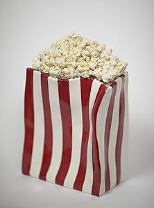 Popcorn University Ceramic Popcorn Container with Lid - Decorative Cookie Jar for Kitchen Counter Food Storage, Table Centerpiece, Vase & More - Red Striped Home Movie Theater Room Décor, 13"x4.5"x8"