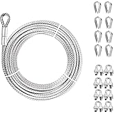 5/16" Steel Cable, Sunuwk 100Ft 7x19 Strand Aircraft Cable with Loops, 9800 Lbs Breaking Strength, Heavy Duty Wire Rope with Clamps and Thimbles, for Zipline, Fencing, Deck Railing, Winch Cable