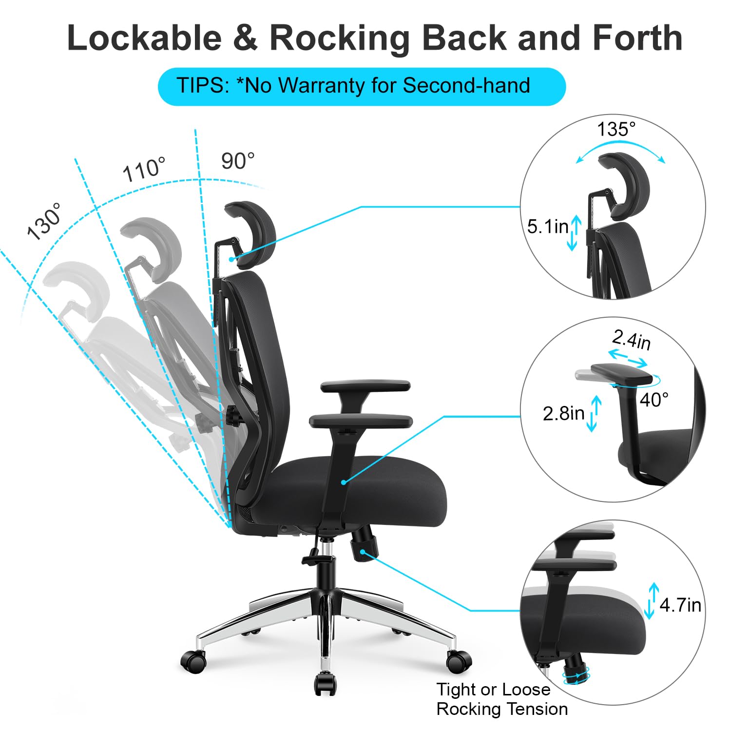 Ticova Ergonomic Office Chair - High Back Desk Chair with Adjustable Lumbar Support, Headrest & 3D Armrest - 130°Rocking Mesh Computer Chair - Image 2