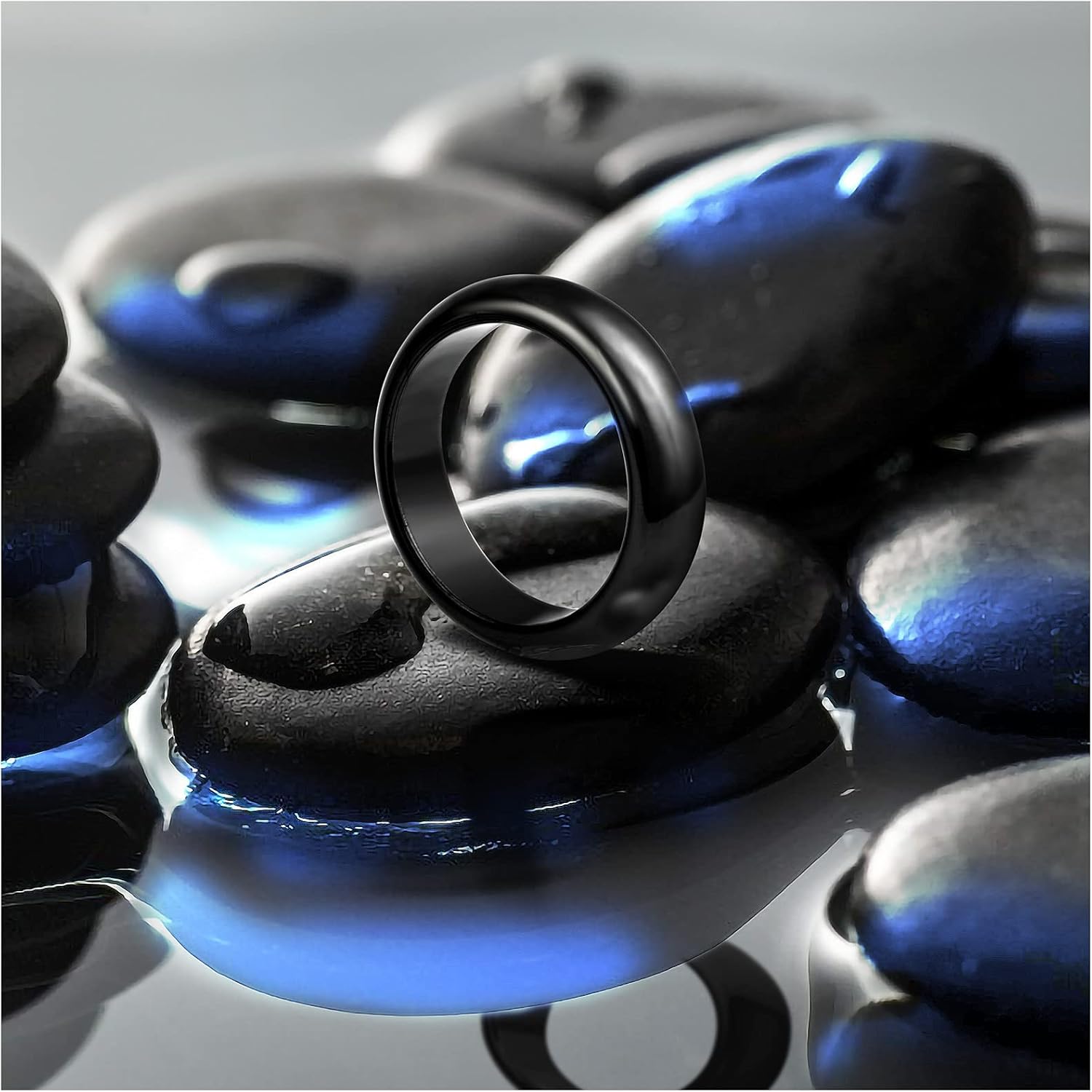 5Pcs Hematite Magnetic Plain Band Rings, Break with Negative Energy, Genuine Hematite Ring for Women Men Benefit to Anxiety Balance Assorted Size 6-10: Clothing