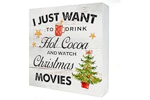 HDKY Christmas Kitchen Wood Box Sign Home Decor, Rustic I Just Want to Drink Watch Christmas Movies Tiered Tray Sign Christmas Wooden Box Sign Block Plaque
