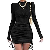 MITILLY Formal Long Sleeve Dress for Women Fall Eleagnt Bodycon Ruched Drawstring Cocktail Mini Dresses