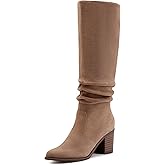 Athlefit Womens Knee High Chunky Heel Boots Faux Suede Pointed Toe Side Zipper Boots