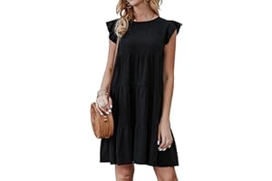 KIRUNDO Women's Summer Dresses Sleeveless Ruffle Sleeve Round Neck Solid Loose Short Flowy Pleated Mini Babydoll Dress