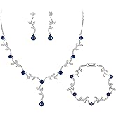Crysdue Wedding Vine Jewelry Set for Brides Bridesmaid, Cubic Zirconia Elegance Teardrop Necklace Bracelet Dangle Earrings for Wedding Prom Party, Leaves Bridal Jewelry
