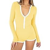 REVETRO Spring V Neck Jumpersuits for Women Long Sleeve Shorts Romper One Piece Bodysuit Y2k Pajamas for Yoga Gym