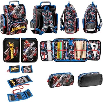 spiderman schulranzen jungen tornister schulrucksack schultasche set 4 inkl gefulltes federmappchen sportbeutel stifteetui ab grundschule super leicht nur 950g amazon de koffer rucksacke taschen