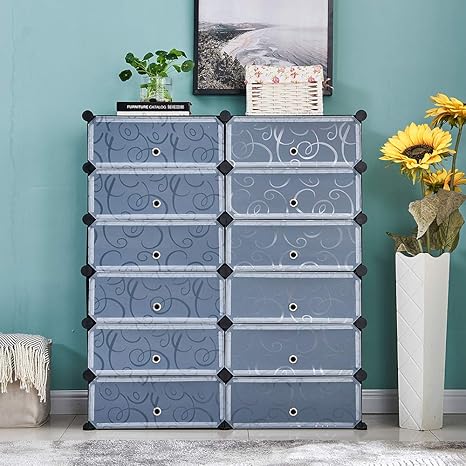 Amazon Huisen Furniture ワードローブ 扉付き Diy 環境保護樹脂 12つのキューブ 収納ボックス リビング 子供部屋 おもちゃ収納 収納ケース シューズラック 玄関収納 クローゼット収納 衣類ケース ベッドルーム 組立簡単 ワードローブ オンライン通販