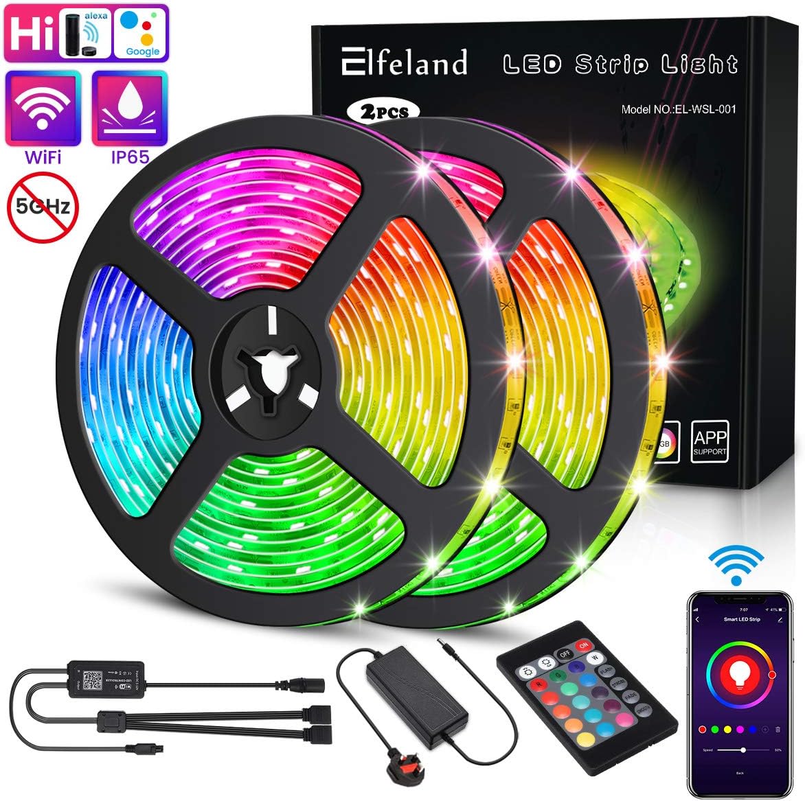LED Strip Lights,Elfeland Strip Lighting 10m 300LED RGB 5050 2.4GHz WiFi Smart Phone APP IP65 Waterproof Color Change with IR Remote LED Light Strip for Google Home Alexa Garden Party Decoration 2x5m [Energy Class A+]
