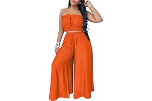YUEWOO Two Piece Sets for Women Summer Outfits Crop Tops and Wide Leg Pants Sets Sexy Jumpsuits Vacation Outfits with Pockets