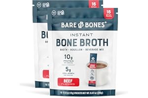 Bare Bones Beef Bone Broth Instant Powdered Mix | Rich Savory Packets on-the-Go No Artificial Flavors | 100% Grass Fed Keto & Paleo Friendly | Sticks 10g Protein | 32 Pack
