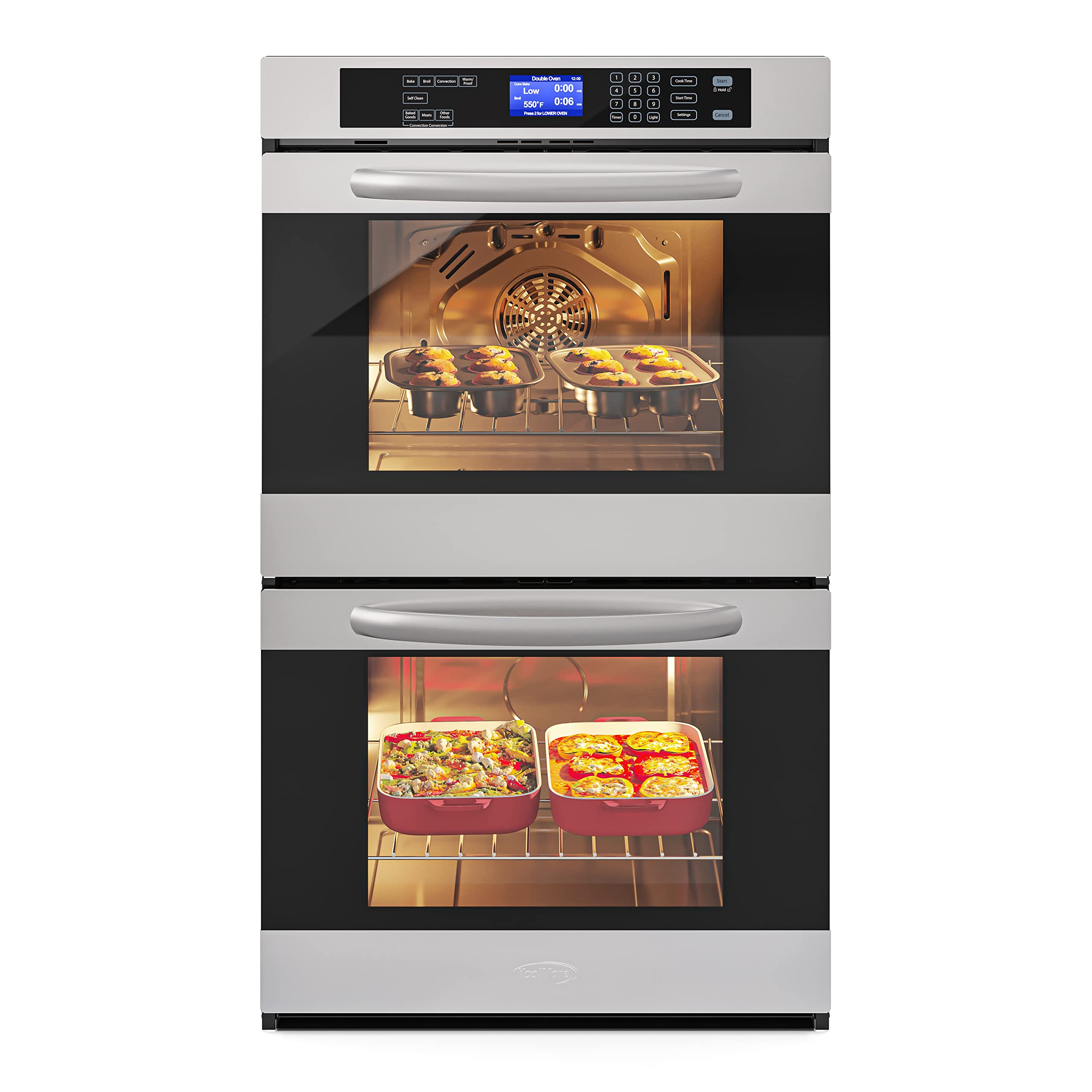 KoolMore 30-Inch Electric Double Wall Oven with Quiet, Rapid Convection Cooking, 7 Cook and Baking Modes, Dual Large Capacity Ovens, Stainless-Steel Unit, Self-Cleaning (KM-WO30D-SS)