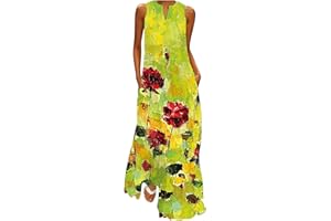 GENERIC Maxi Dresses for Women 2024 Beach Vocation Sleeveless Summer Dress V Neck Floral Printed Flowy Long Dress Boho Dresses