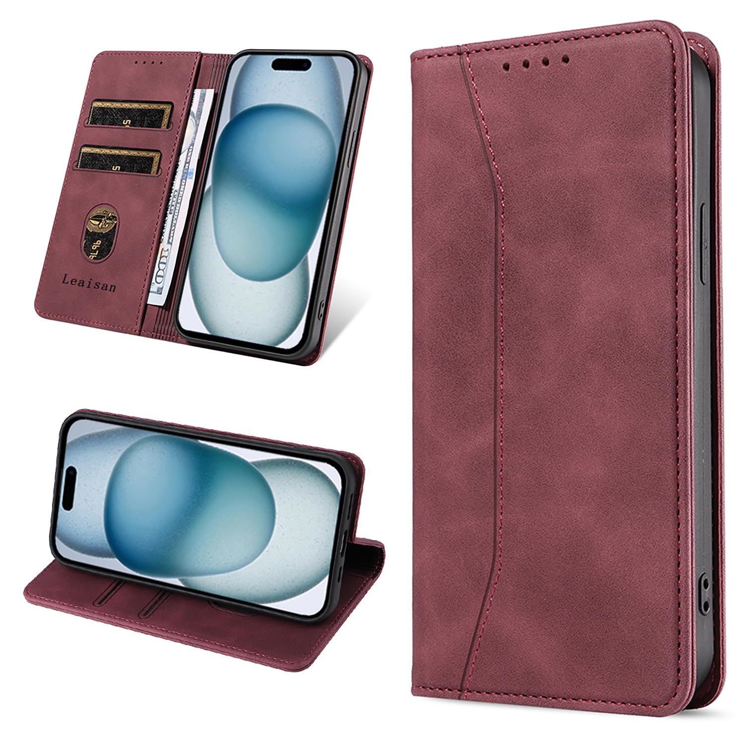 Leaisan Mobile Phone Case for iPhone 15 Case Premium Leather Flip Foldable Shockproof Magnetic [Stand Function] [Card Slots] Wallet Phone Cover Protector Case for iPhone 15 5G (6.1 Inch) - Wine Red