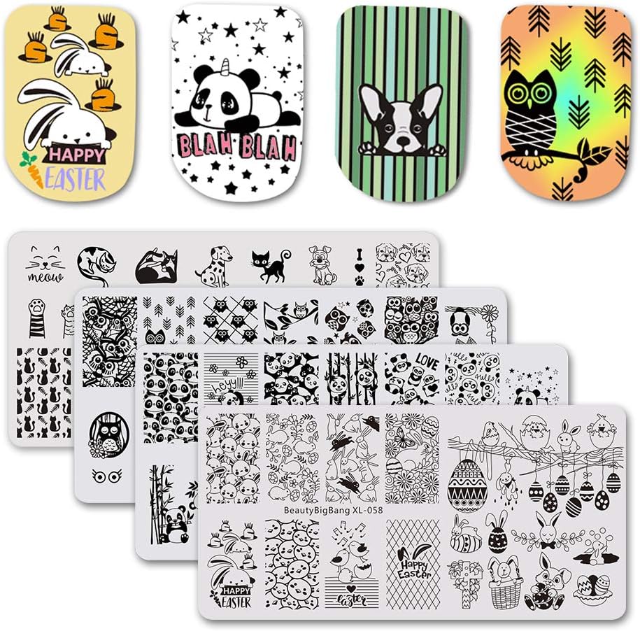 BEAUTYBIGBANG 4PCS Nail Stamping Plate Animals Theme - Dogs Cats Panda Rabbit Owl Image Plates Nail Art Design Stamping Kit Manicure Template Set