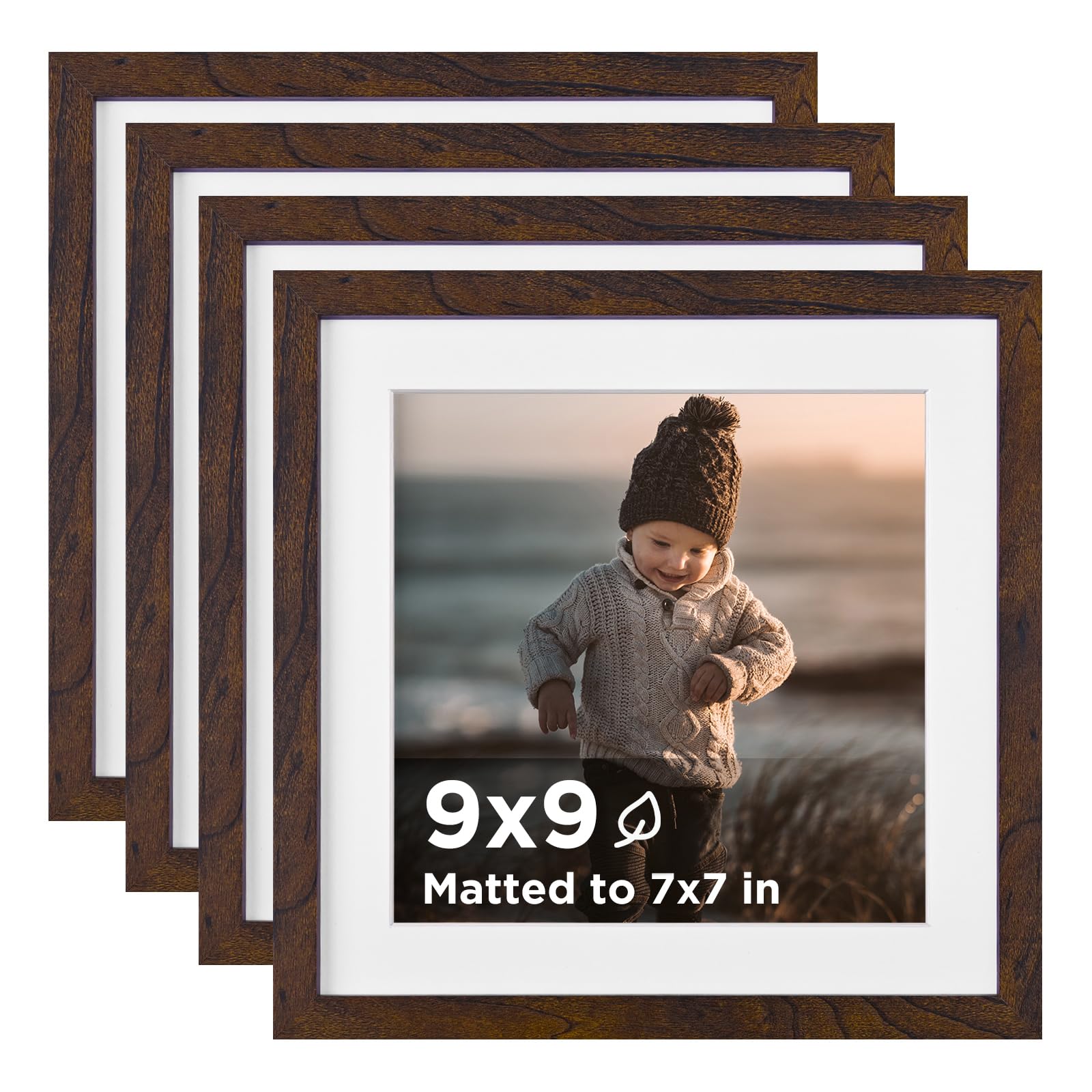 KINLINK 9x9 Picture Frame Brown Set of 4, Wooden Square Photo Frames Matted 7x7 with Plexiglass for 7x7 with Mat or 9x9 without Mat for Table and Wall Display