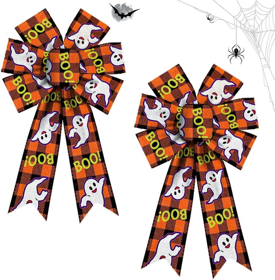 Bows & Ribbons - Estivaux 2 Pieces Halloween Bows for Wreath, Halloween Ghost Wreath Bows Orange Black Buffalo Plaid Bows Holiday Burlap Bows for Front Door Halloween Decorations Suppies
