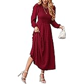 dowerme Women's Dresses 2026 Spring Puff Long Sleeve Crewneck Smocked Tiered Flowy A-Line Boho Wedding Party Maxi Dress