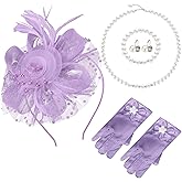 Junkin 5 Pcs Girls Tea Party Hats Gloves Pearl Necklace Bracelet Earring Fascinator Set Christmas Party Cosplay Accessories