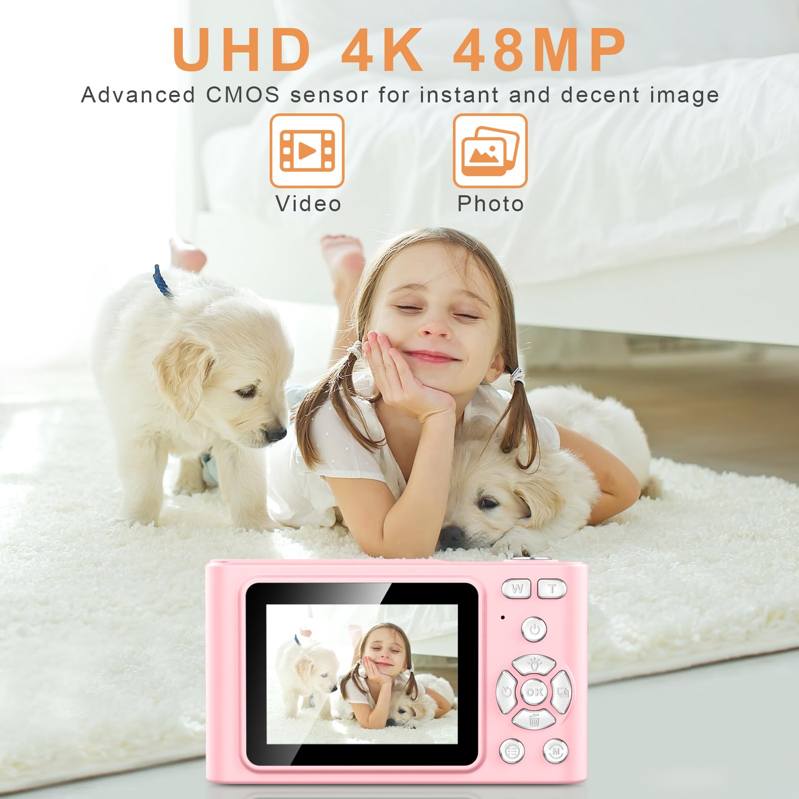 Digital Camera, Camera for Kids, UHD 4K 48MP Point and Shoot Digital Cameras with 64GB SD Card and 16X Digital Zoom Anti Shake, Compact Portable Small Gift for Boys Girls Students, Pink