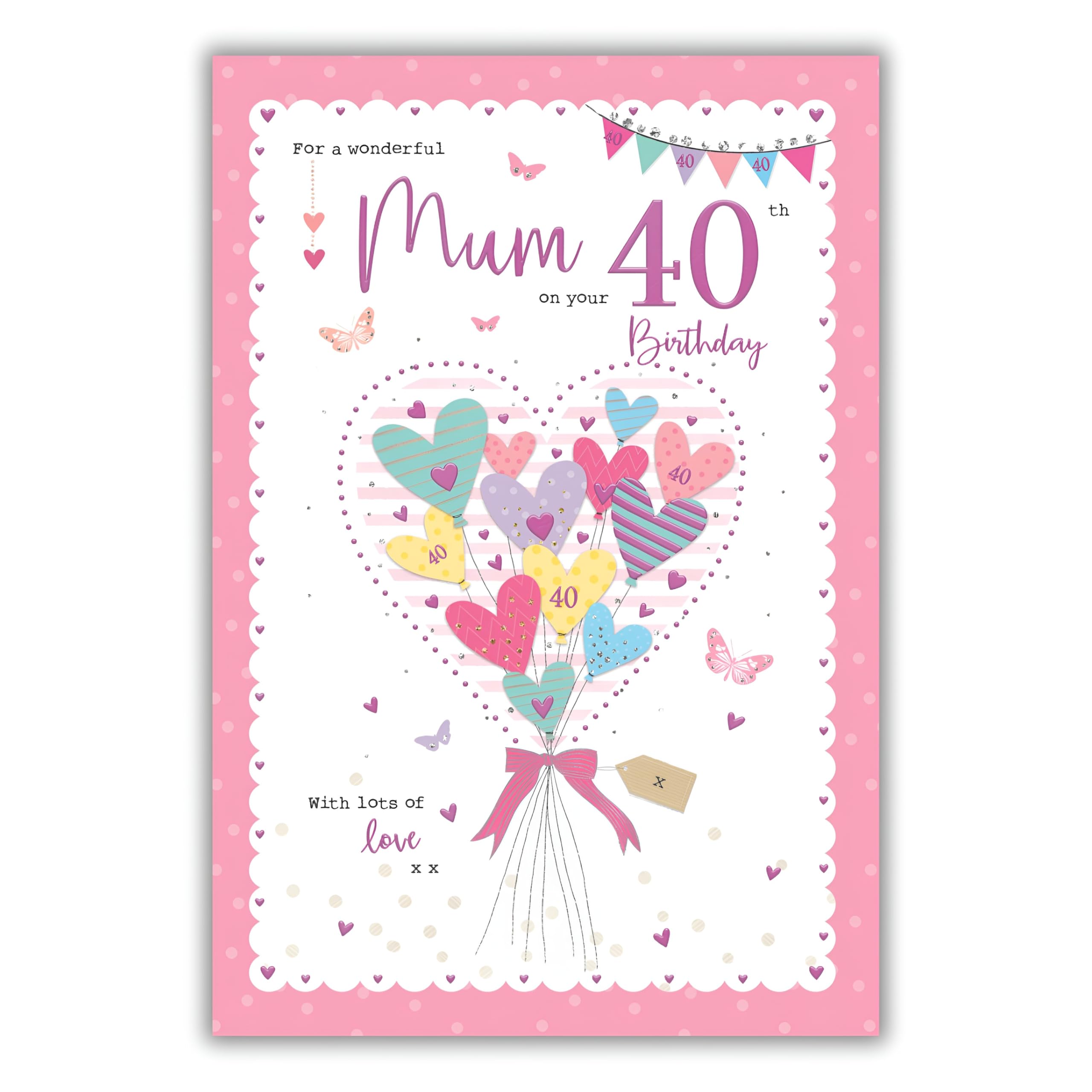 IC&G Wonderful Mum 40th Birthday Card - Happy Birthday Card for Women Age 40 with Heart Bouquet and Butterfly Design with an Embossed Foil Finish