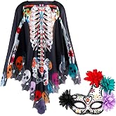 Coume 2 Pcs Halloween Skeleton Costume Women | Day of the Dead Costume, Chiffon Skeleton Cape Poncho, Skull Masquerade Mask