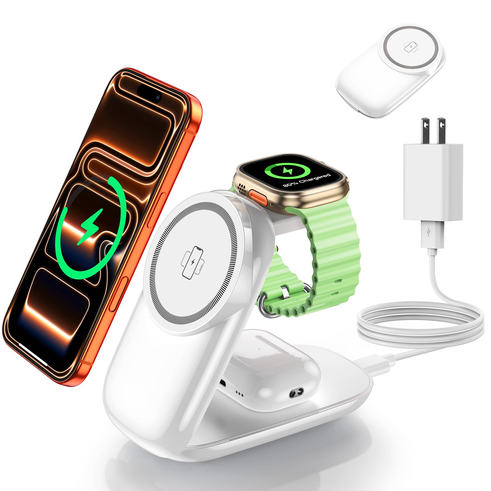 3-in-1 Wireless Charging Station for MagSafe,Foldable Magnetic Stand for iPhone 17/16/15-12 Series, Apple Watch/AirPods,Fast Charger for Qi Phones - Ideal for Home/Office/Travel (White, Normal)