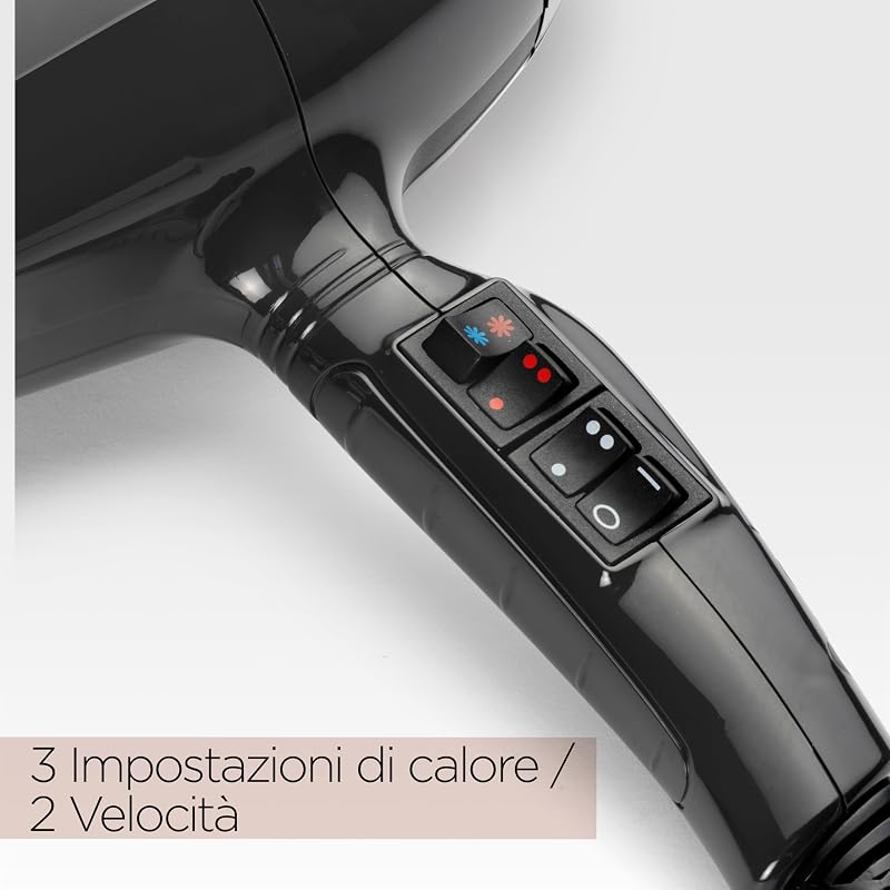 Asciugacapelli MADE IN ITALY Air Pro, Motore AC Phon Capelli Professionale, 2200W, Diffusore Capelli Ricci, funzione anti-crespo, 2 velocità - 2 impostazioni di calore, nero, 6719DE