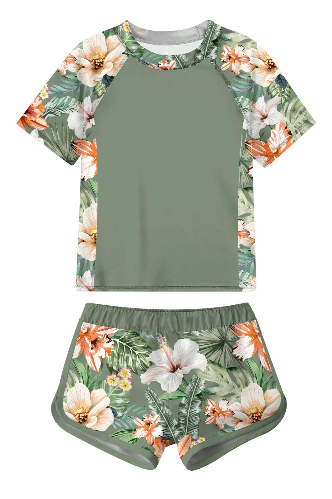 Photo 1 of Idgreatim Girls Swimsuits Size 13 14T Hawaiian Flower Bathing Suits Two Piece Short Sleeve Rash Guard with Short - Size 14T