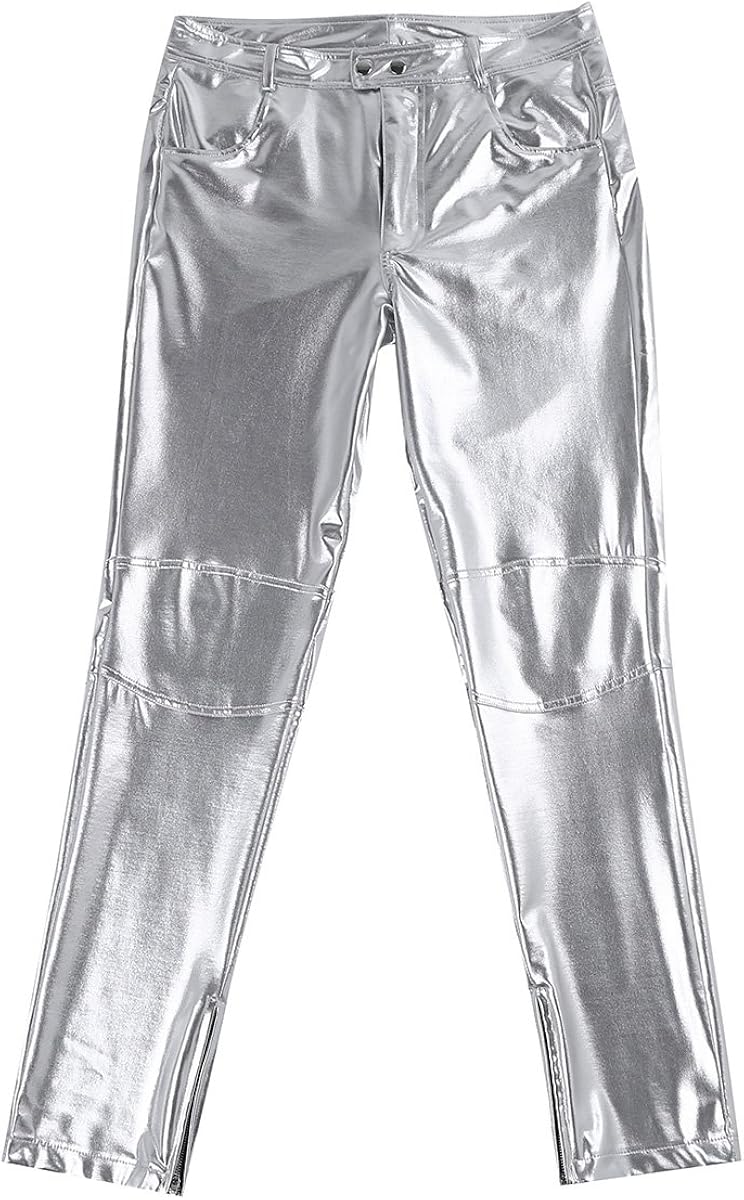 TiaoBug Men's Shiny Metallic Faux Leather Tight Pants Clubwear Legging Long Trousers: Clothing