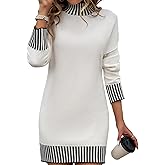 HEBELD Color Block Sweater Dress for Women Mini - Long Sleeve, Mock Neck, Short Knit Dresses, Casual Fall Dresses