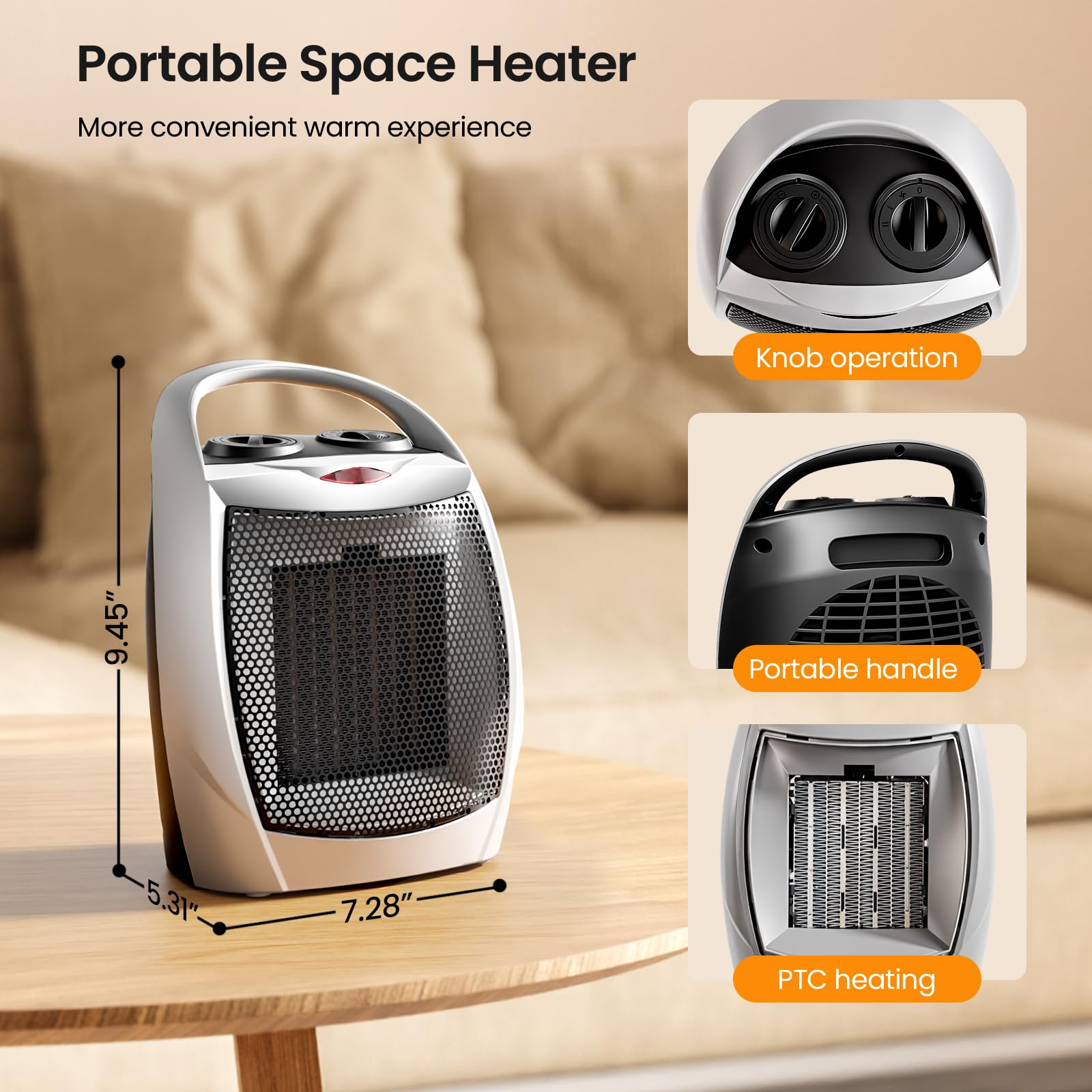 Kismile Small Electric Space Heater,Portable Ceramic Space Heater Fan for Office with Adjustable Thermostat and Overheat Protection ETL Listed for Kitchen, 750W/1500W(Silver)