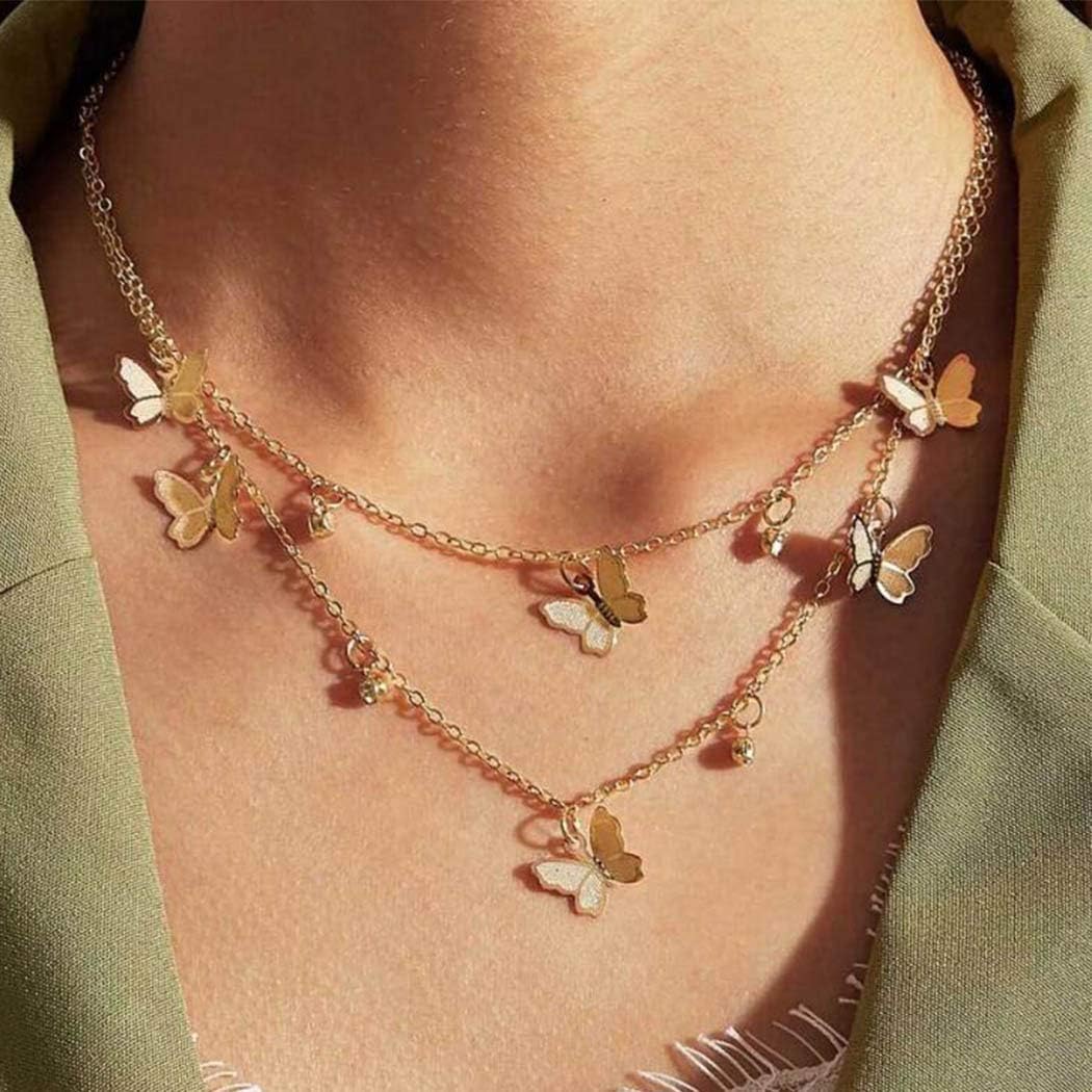 Amazon Com Gemily Boho Butterfly Layered Necklace Gold Choker Necklaces Beaded Pendant Necklace Short Chain Jewelry For Women And Girls Clothing