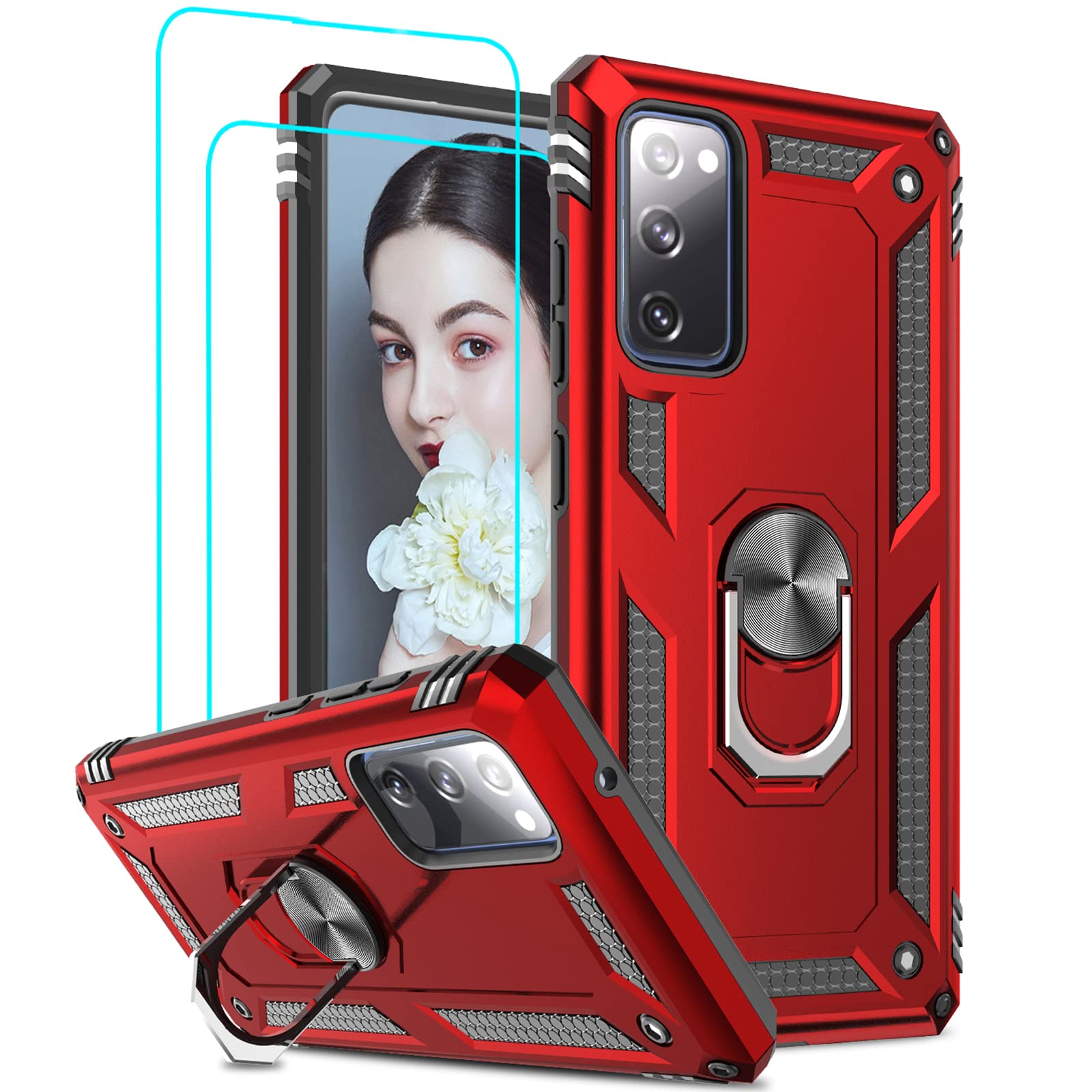 LeYi for Samsung Galaxy S20 FE 4G/5G Case,Ring Holder Military Grade Protective Silicone Plastic Shockproof Tough Armour Hard Mobile Phone Cover for Samsung S20 FE (Fan Edition) 4G/5G Red