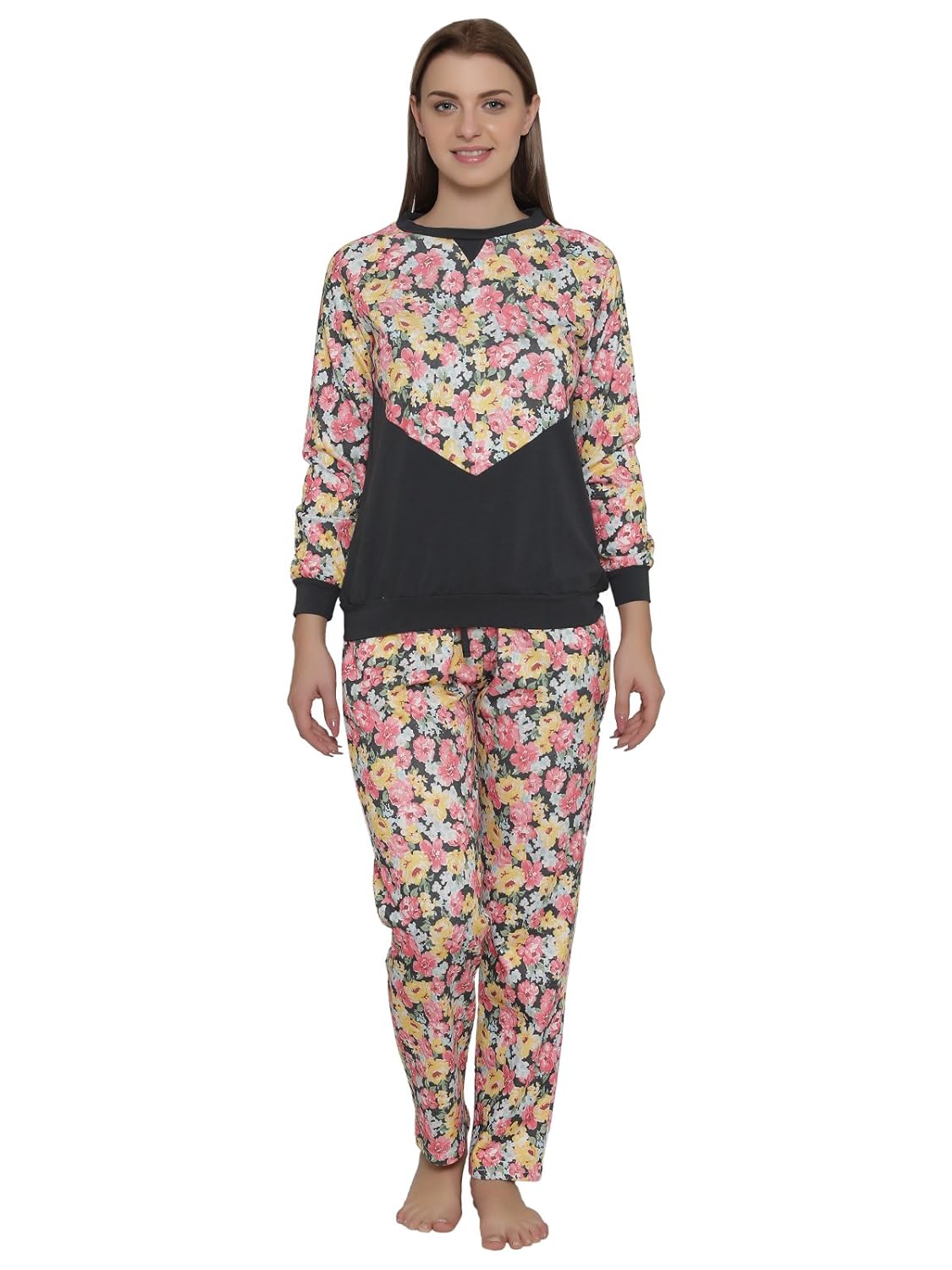 clovia women's warm floral print top & pyjama set