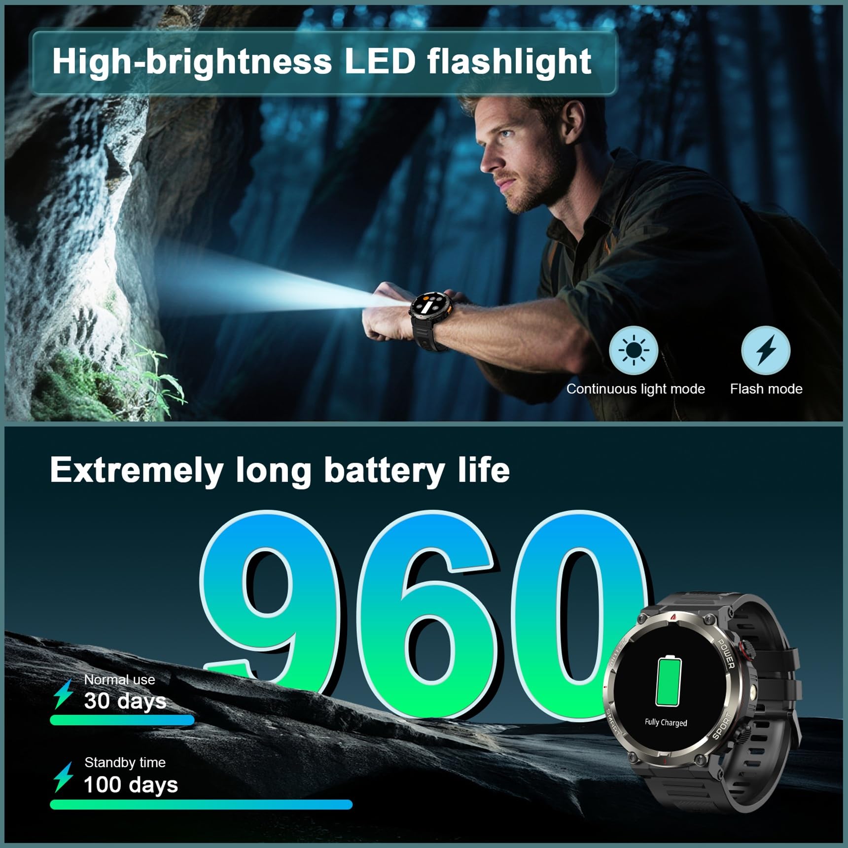 Military Smart Watch for Men（Bluetooth Calling）, Fitness Watch with Flashlight,Compass,960mAh Battery,120+ Sports,SpO2 Heart Rate Sleep Monitor,Step Counter,IP68 Waterproof Smartwatch for iOS Android