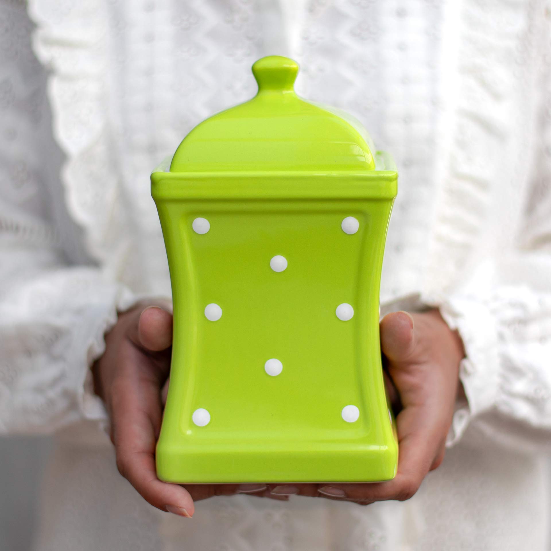 City to Cottage® Lime Green and White | Polka Dot Spotty | Handmade Hand Painted | Large 31.5oz/900ml Ceramic Kitchen Storage Jars With Lid | Food Containers | Canisters