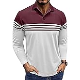 Men's Long Sleeve Polo Shirt Striped Cotton Moisture Wicking Classic Collared Casual Golf Shirts for Men