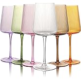 WeirdUncle Hand Blown Ribbed Wine Glasses with stem, Lead-Free Crystal Glasses, Luxury Gift, Set of 6, Unique, 18oz Premium Wine Goblet, Large capacity, Fluted Design (6pcs mixed colored)