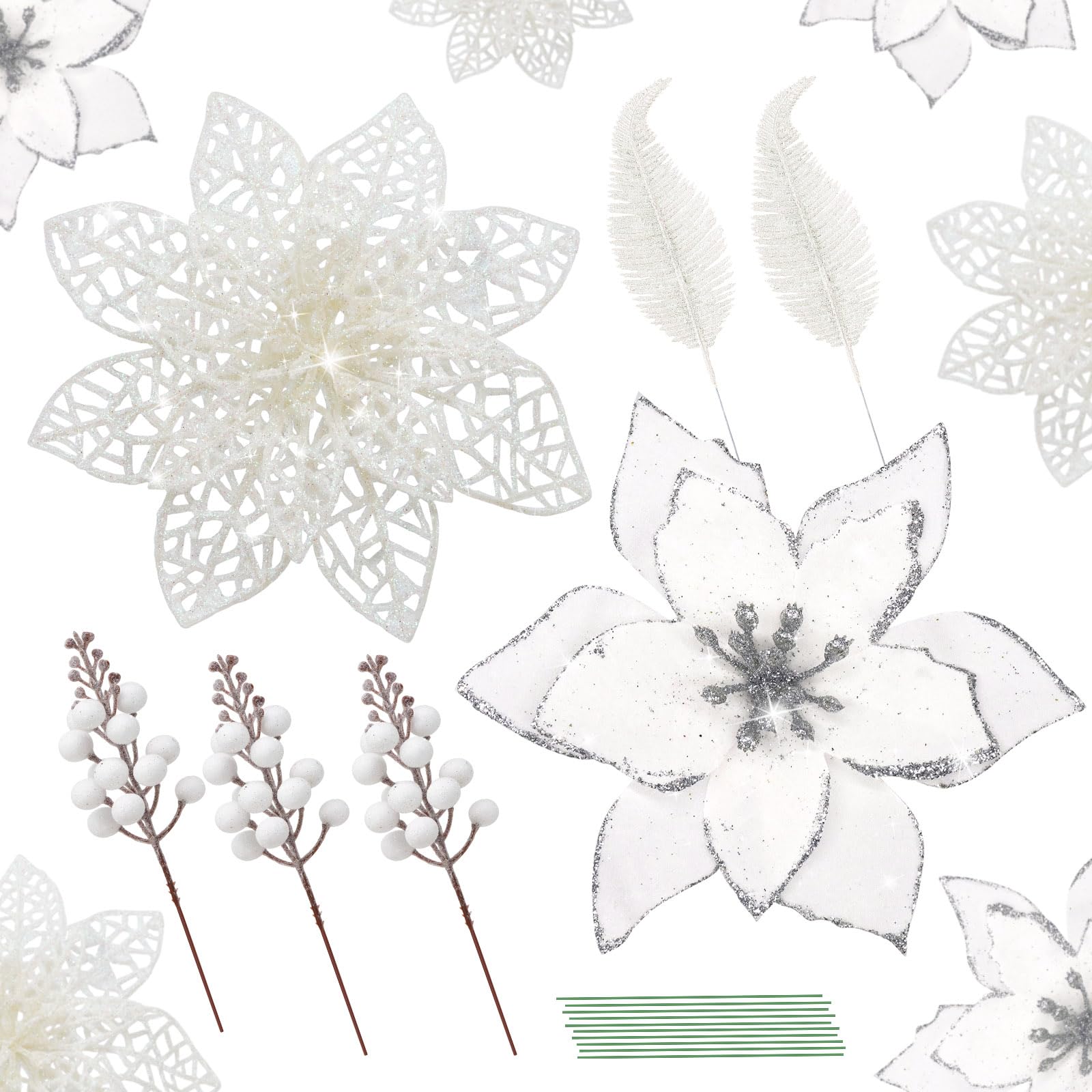 Yueshop 15PCS Christmas Artificial Poinsettia Flowers,Glitter Xmas Flowers Set with Holly Berry Stems Glitter Leaves for Christmas Tree Ornament Wedding Party Wreath Decorations(White)
