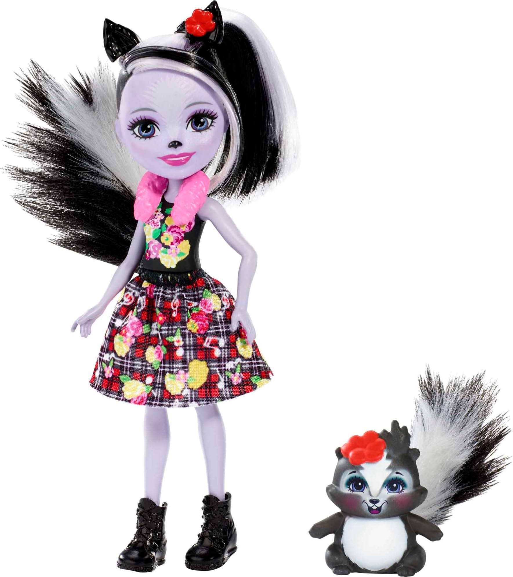 Enchantimals FXM72 - Sage Skunk Doll & Caper Figure, Doll (Approx. 15 cm), Long Black and White Hair, Animal Ears, Bushy Tail, Removable Skirt, Scarf, Shoes, Toy Gift from 3 Years