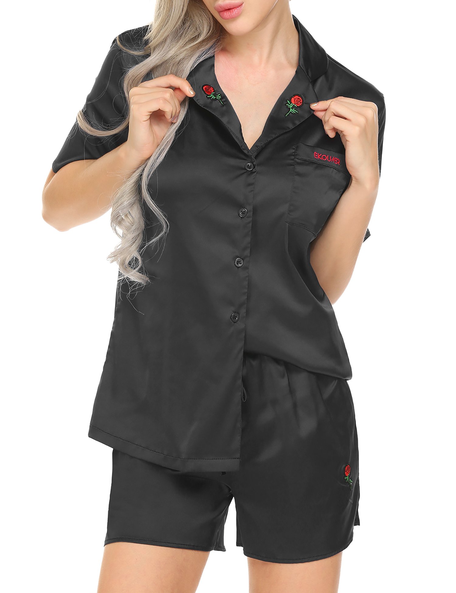 Ekouaer Rose Patchwork Pajamas Set Short Sleeve Sleepwear For Women(Black XL)