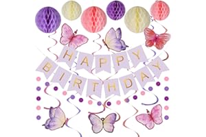 meowtastic Birthday Decorations, Happy Birthday Banner with Honeycomb Balls, Butterfly Hanging Swirl Streamers, Circle Dots Garland, Happy Birthday Party Decorations for Women Men Boys Girls (Purple)