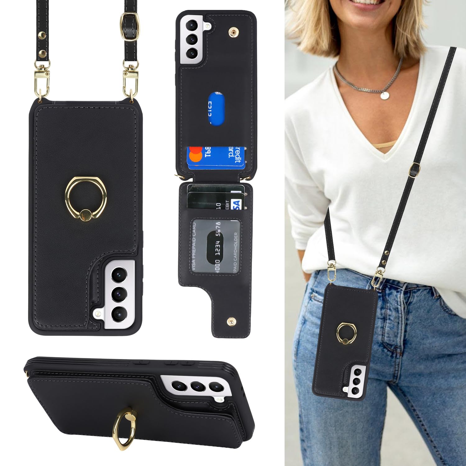 Lipvina for Samsung Galaxy S21 Case with Card Holder and Strap for Women,Crossbody Lanyard,RFID Blocking,Ring Stand,Snap Clasp,Phone Wallet Cases 6.2 inch(Black)