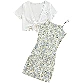 OYOANGLE Girl's 2 Piece Outfits Floral Print Sleeveless Cute Cami Dresses and Short Sleeve Lettuce Trim Tie Front Top Sets