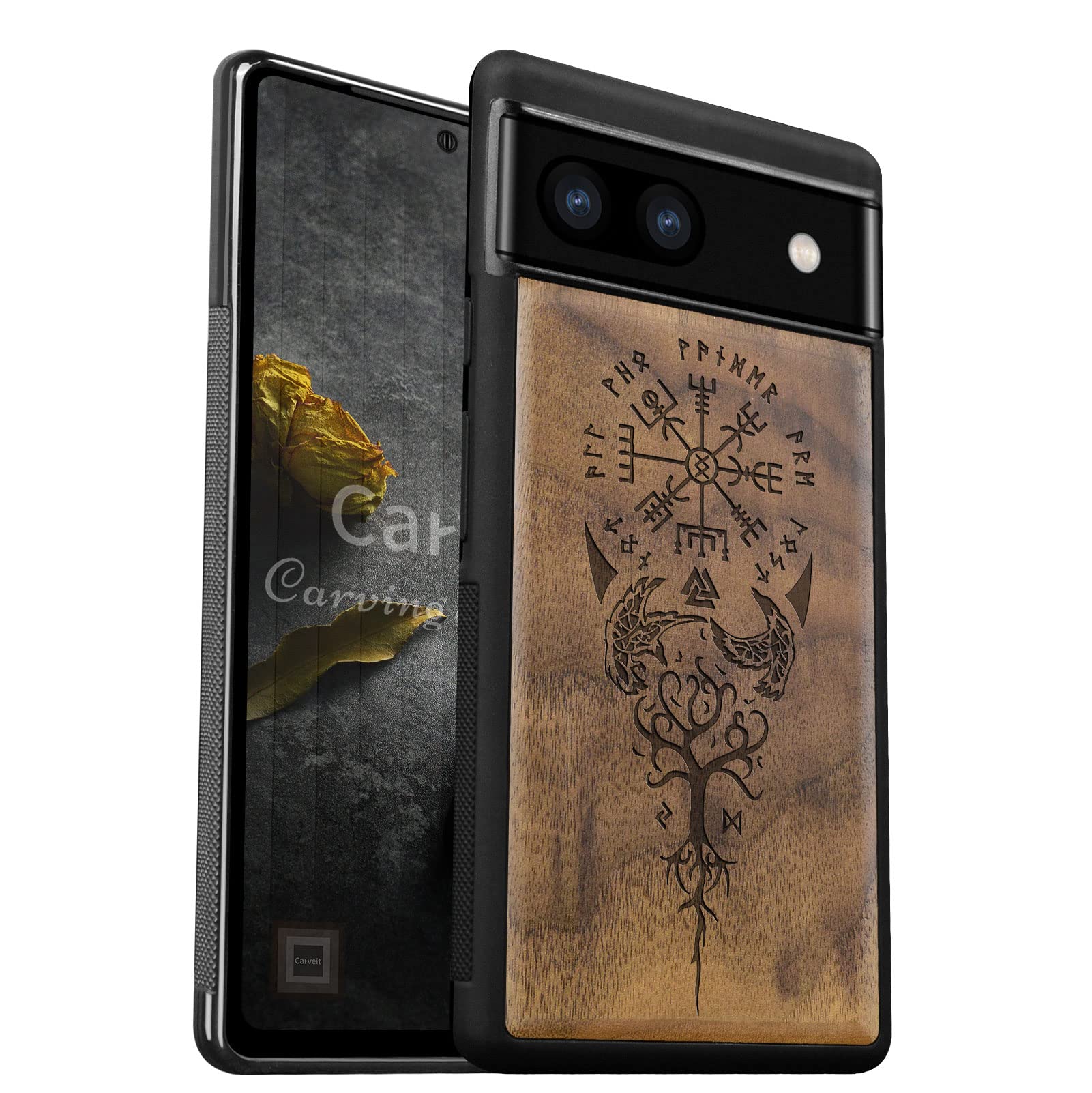 Carveit Wood Case for Pixel 6a Case [Hard Real Wood & Soft TPU] Shockproof Hybrid Protective Cover Unique & Classy Wooden Case Compatible with Google Pixel 6a Case (Vegvisir Viking Compass-Walnut).