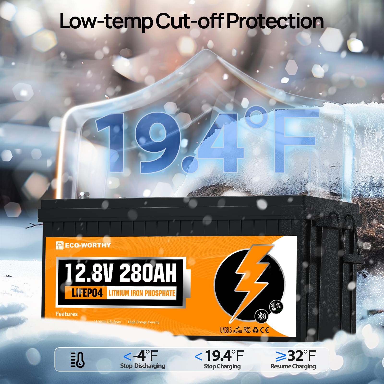 ECO-WORTHY 12V 280AH Bluetooth LiFePO4 Lithium Battery with Low-Temp Protection, 3584Wh Power with BMS, 6000+ Deep Cycles for RV, Camping, Off-Grid System