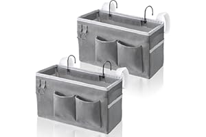 Kanrichu 2pcs Bedside Caddy Hanging Storage Bag, Water Cup Holders, Organizer Baskets with Pockets for Bunk Bed Shelf, Hospital Beds, Loft & Dorm Rooms Accessories (Bedside bag-Grey)