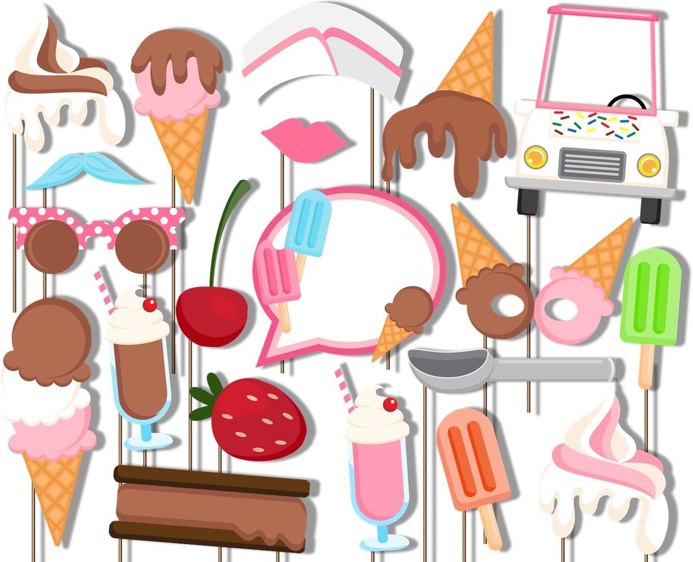 Birthday Galore Ice Cream Shoppe Photo Booth Props Kit - 20 Pack Party Camera Props Fully Assembled
